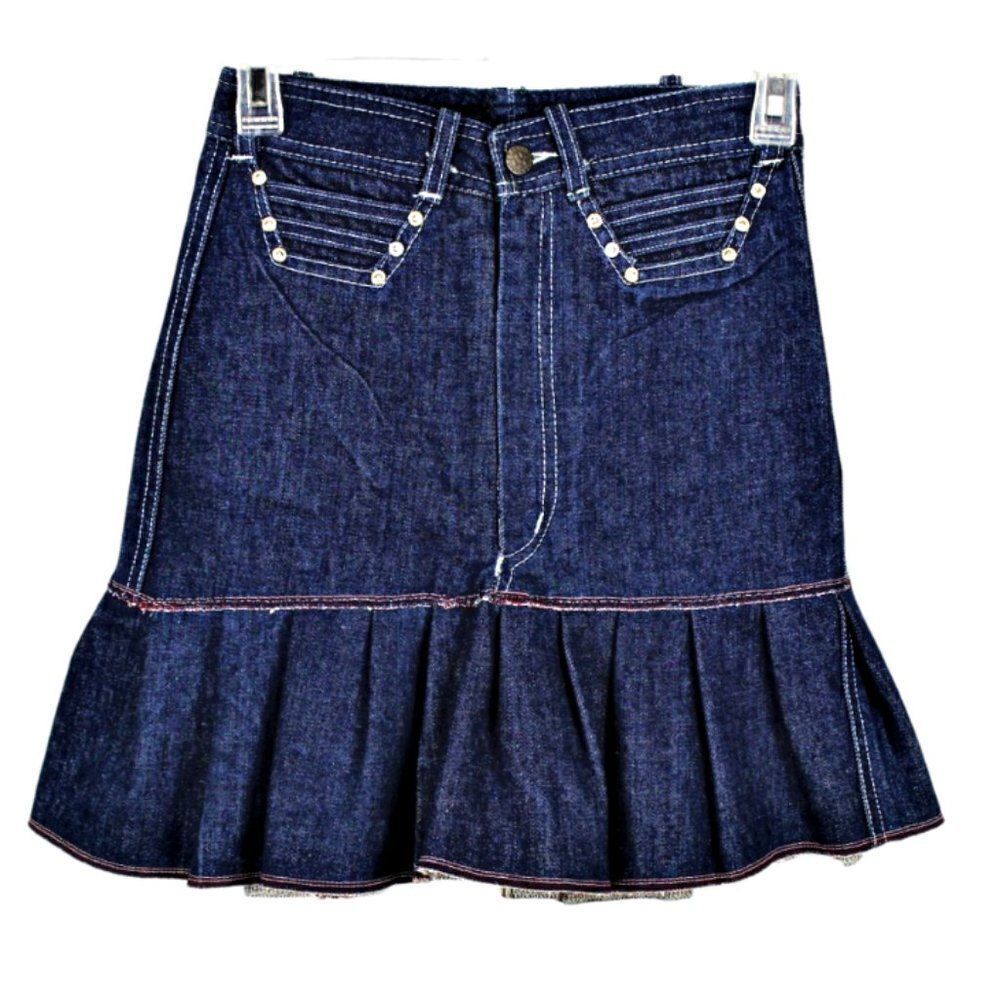 Denim Skirt Ruffled Pleated Accents Studded Back Pockets Blue Dark Wash Size SM